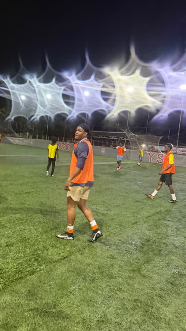 Floodlights flaring into starbursts over the night pitch.