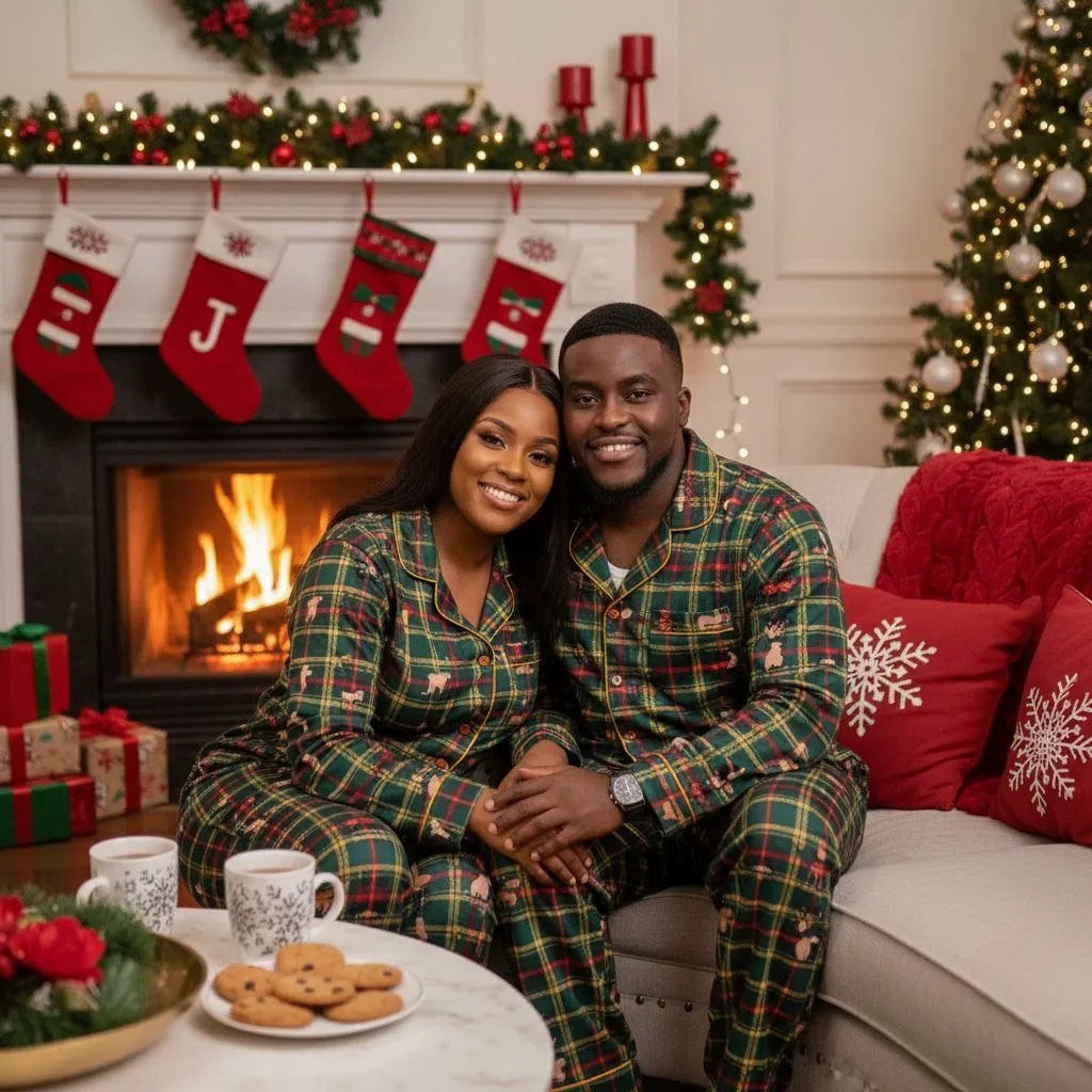 Couple in green tartan pyjamas by a fireplace, cocoa and cookies on the table