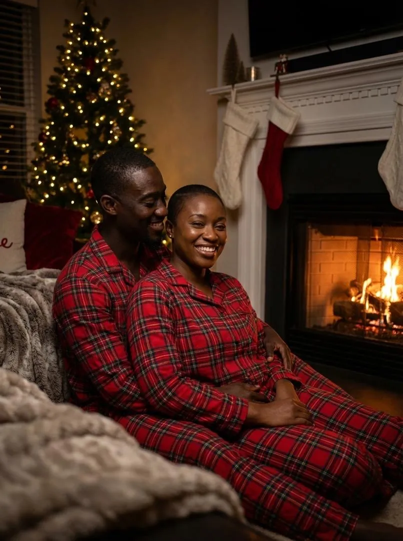 Couple in red tartan pyjamas curled up watching the fire