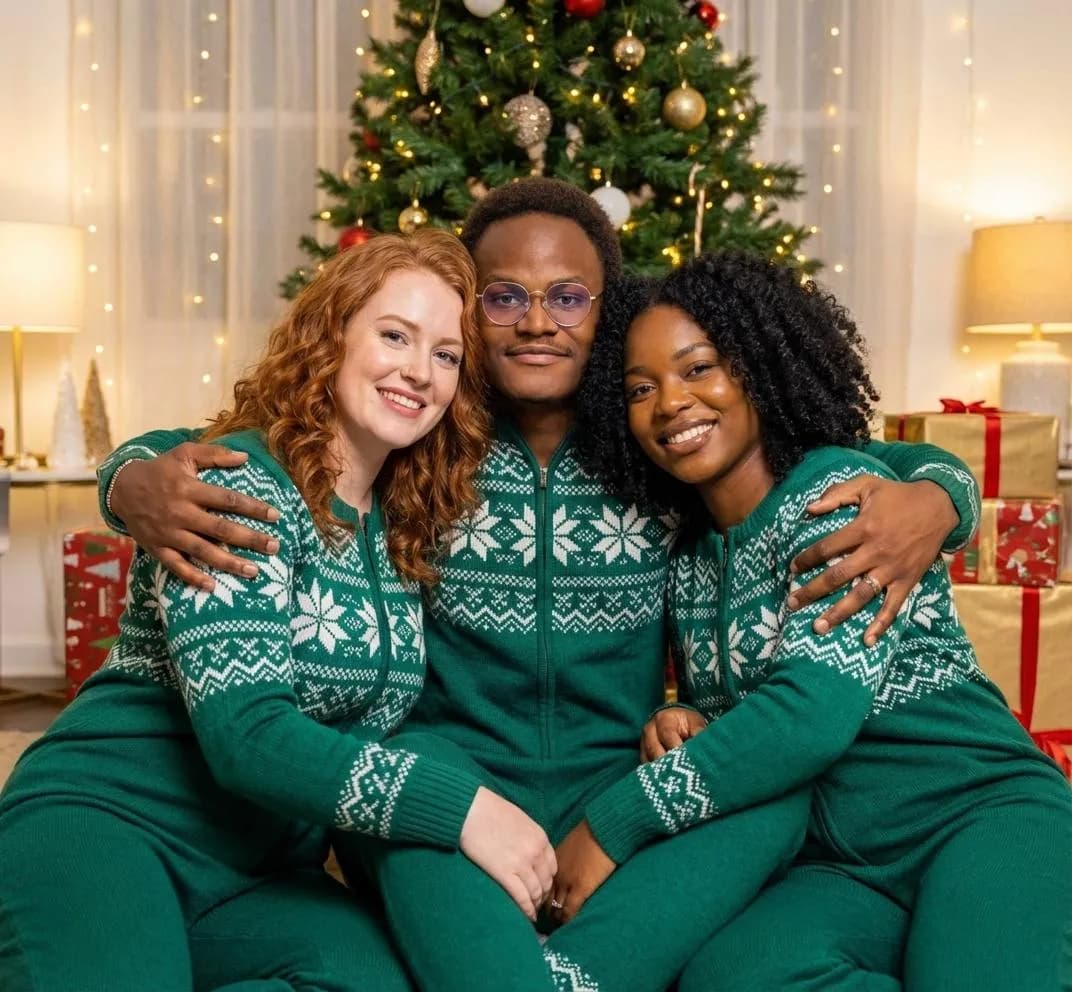 Group of three in matching green fair-isle knits in front of the tree