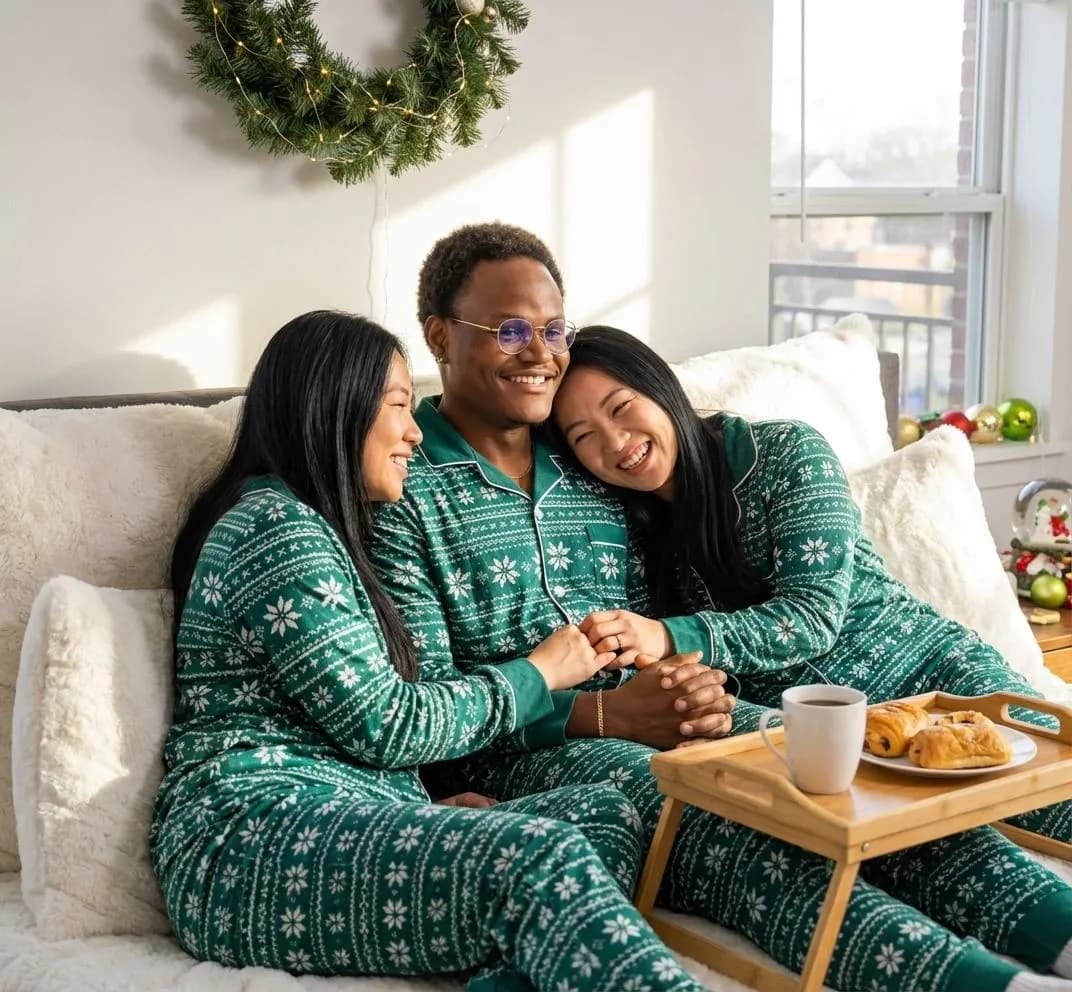 Three friends in green nordic pyjamas, breakfast in bed, morning light