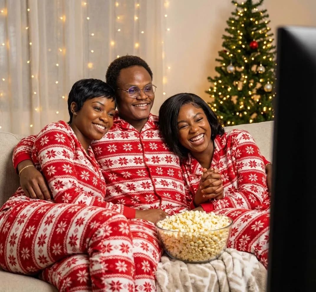 Three in red-and-white nordic onesies sharing popcorn by the tree