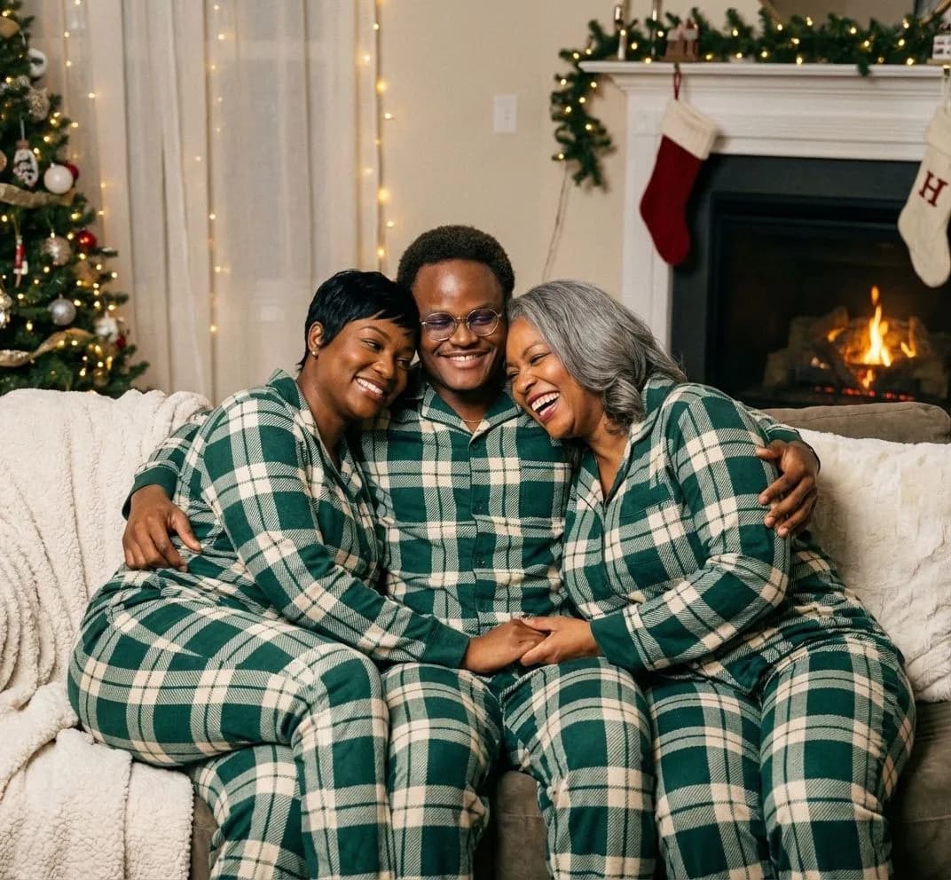 Group of three laughing in dark green plaid pyjamas by the fire