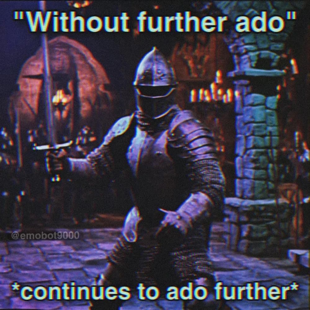 A deep-fried meme: colour-cast, compressed, text baked in