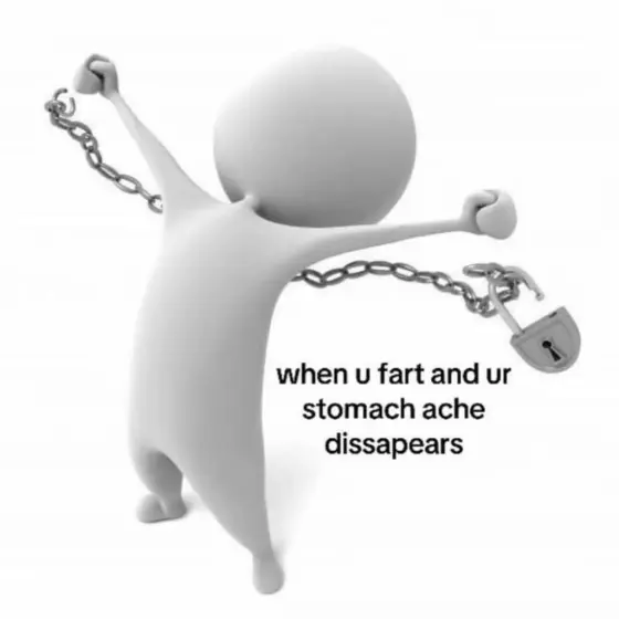A 3D figure breaking out of chains, captioned "when u fart and ur stomach ache dissapears"