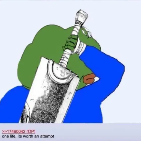 A Pepe drawing holding a sword, over a forum post reading "one life, its worth an attempt"