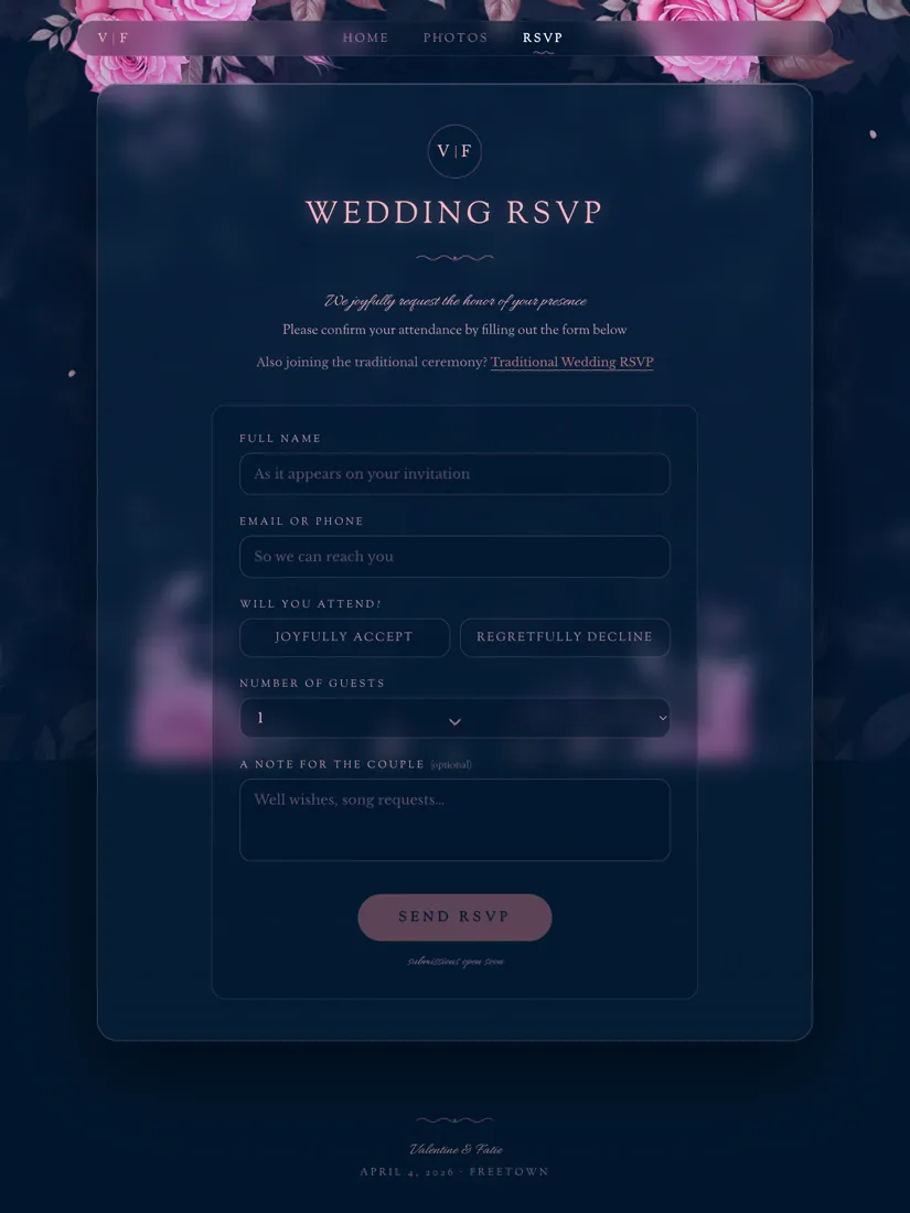 THE RSVP FORM ON THE SITE'S OWN GLASS PANEL