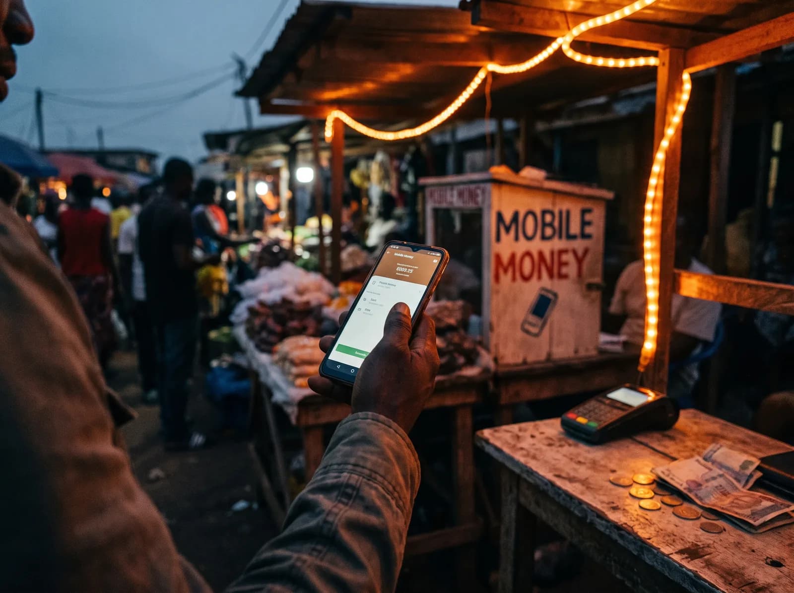 A hand holding a phone at a mobile-money kiosk in a Freetown market at dusk