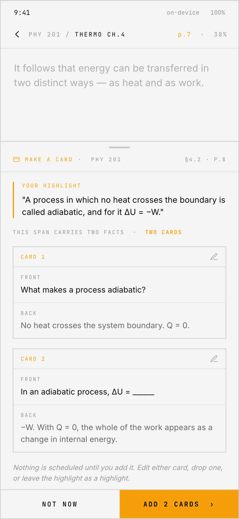 A highlight split into two flashcards, editable before adding