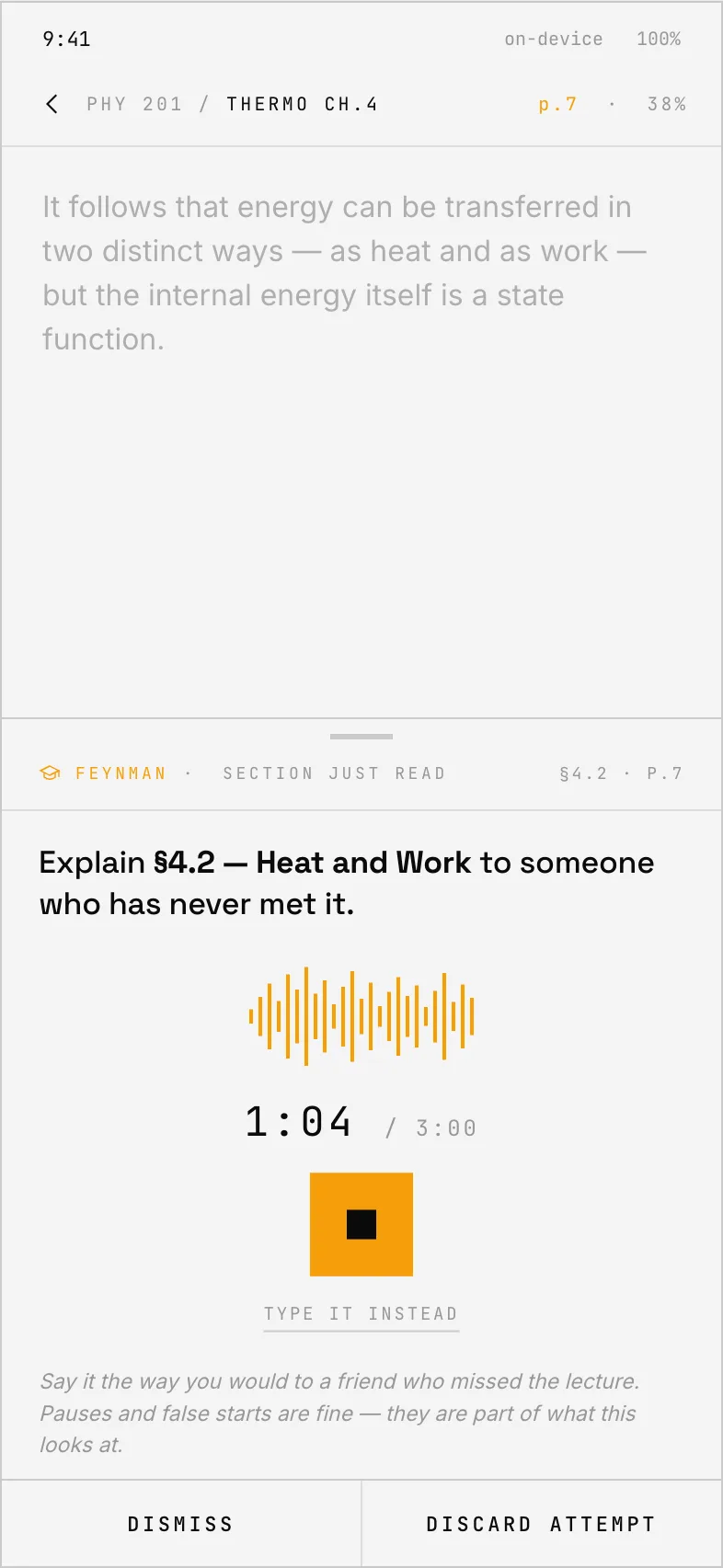 The explain-it-back drawer, recording an explanation aloud