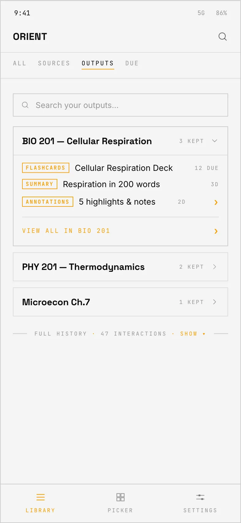 The library's outputs view: kept work grouped by source