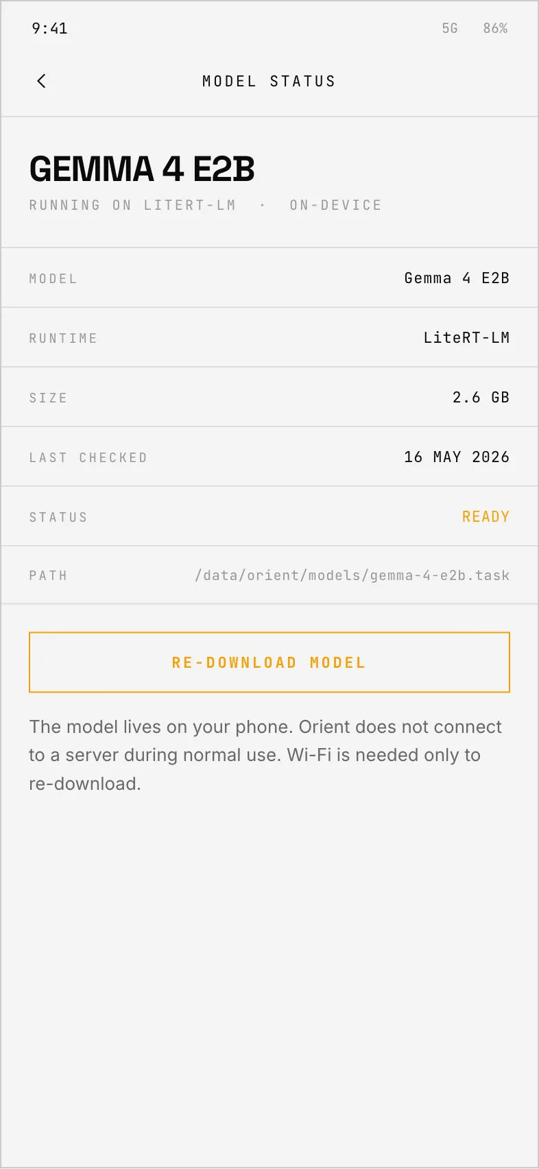 The model status screen: downloaded, ready, on-device