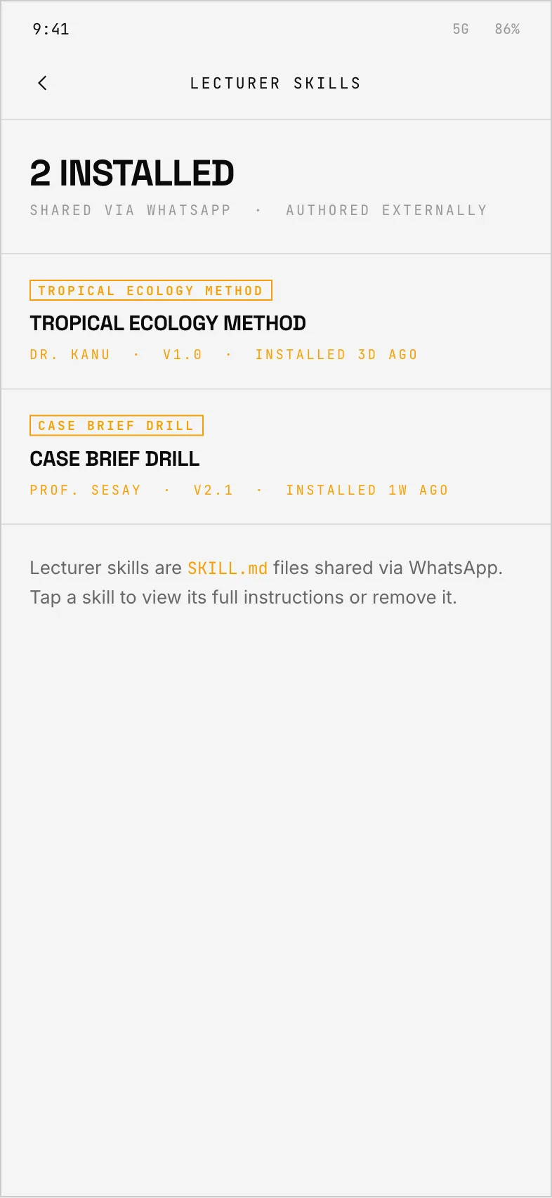 The lecturer skills a student carries, listed in Settings